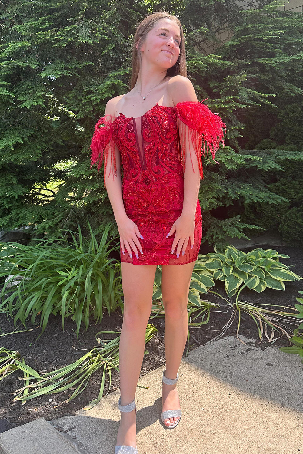 Sparkly Red Lace Corset Fringed Tight Short Homecoming Dress/Mini Dress with Feathers