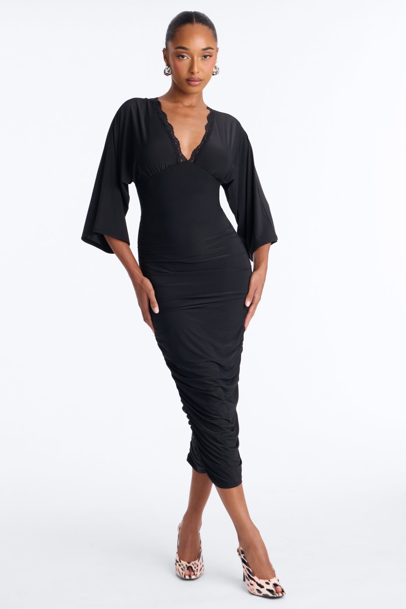 It Could All Be So Simple Deep V Ruched Midi Dress - Black