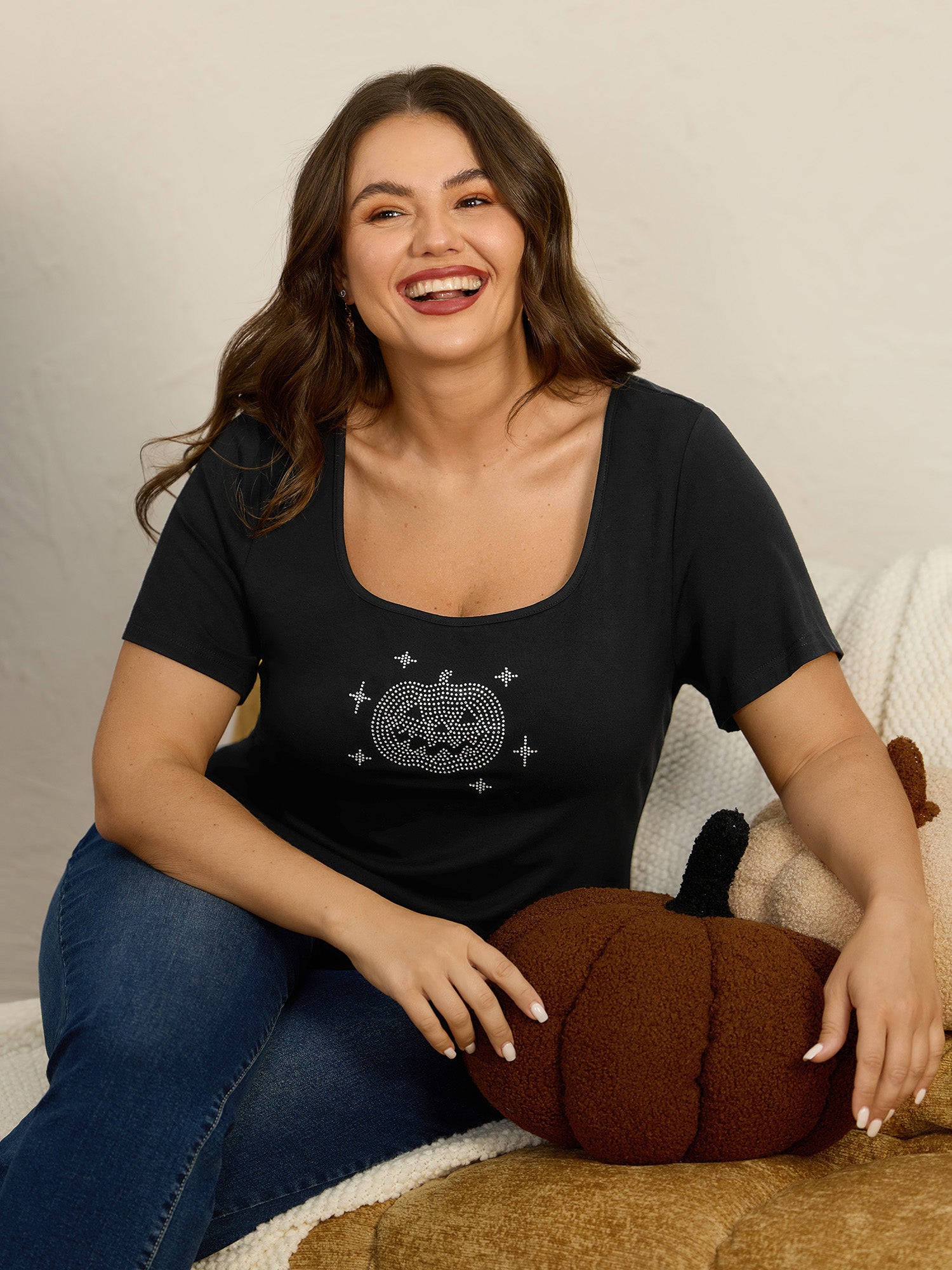 Stretch Rhinestone Jack-O-Lantern T-Shirt