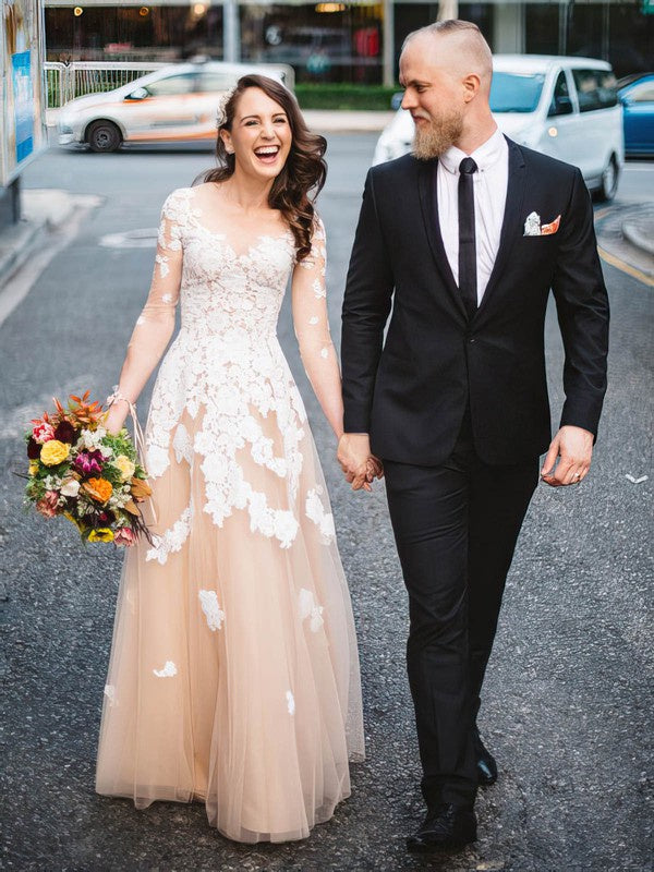 Beautiful A-Line Long Sleeves Lace Floor-Length Wedding Dresses with Appliques
