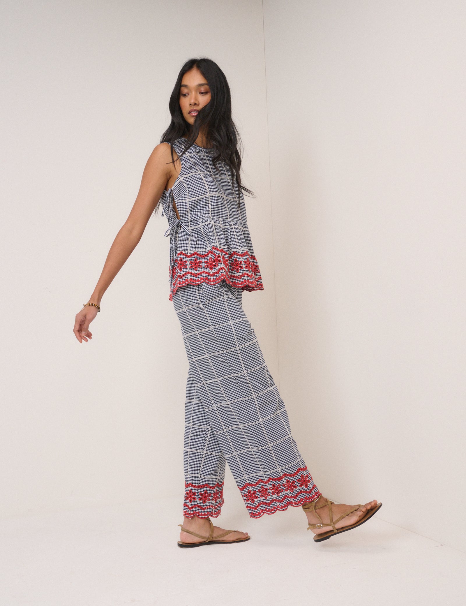 Black Gingham Embroidered Top & Trousers Set