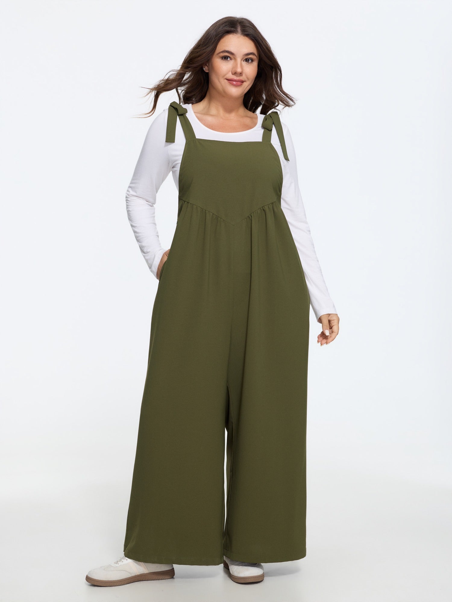 Solid Pockets Shoulder Ties Jumpsuit