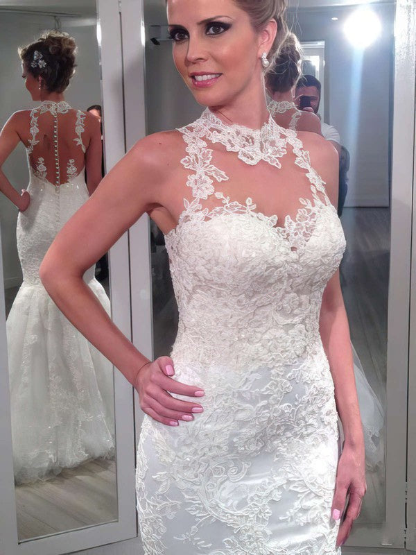 Deluxe Trumpet High Neck Tulle Lace Wedding Dresses with Appliques