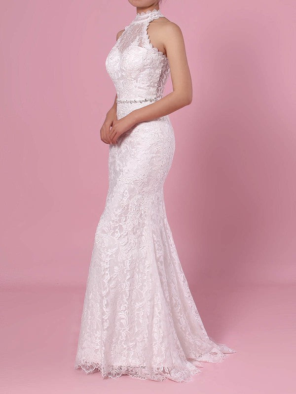 Elegant Floor-Length High Neck Sleeveless Lace Mermaid Wedding Dresses