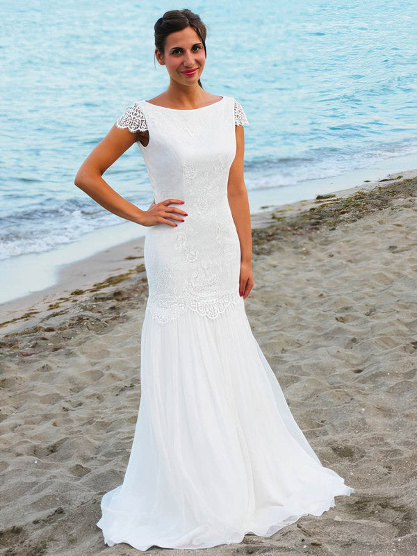 Gorgeous Mermaid Crew Neck Chiffon Lace Floor-Length Wedding Dresses