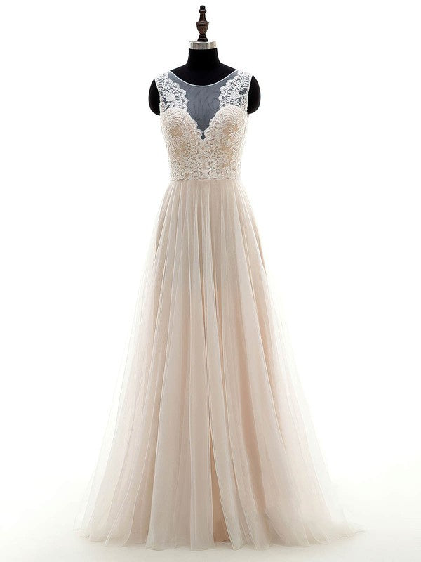 Charming Crew Neck Sleeveless A-Line Tulle Wedding Dresses with Ruffles