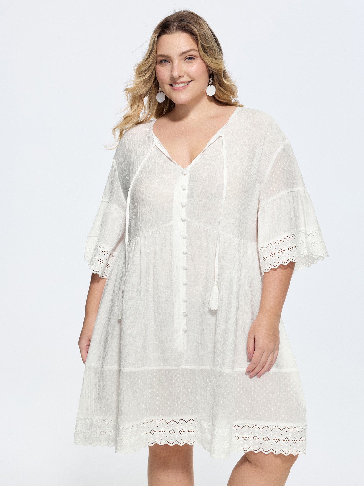 Sheer Tassel Neck-Tie Lace Hem Mini Dress