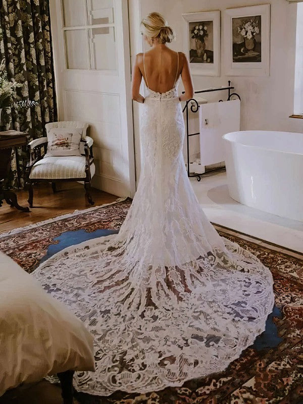 Sexy Mermaid Spaghetti Straps Backless Lace Cathedral Train Wedding Dresses