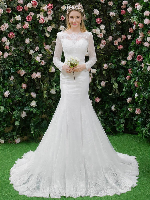 Classic Mermaid Long Sleeves Lace Tulle Sweep Train Wedding Dresses