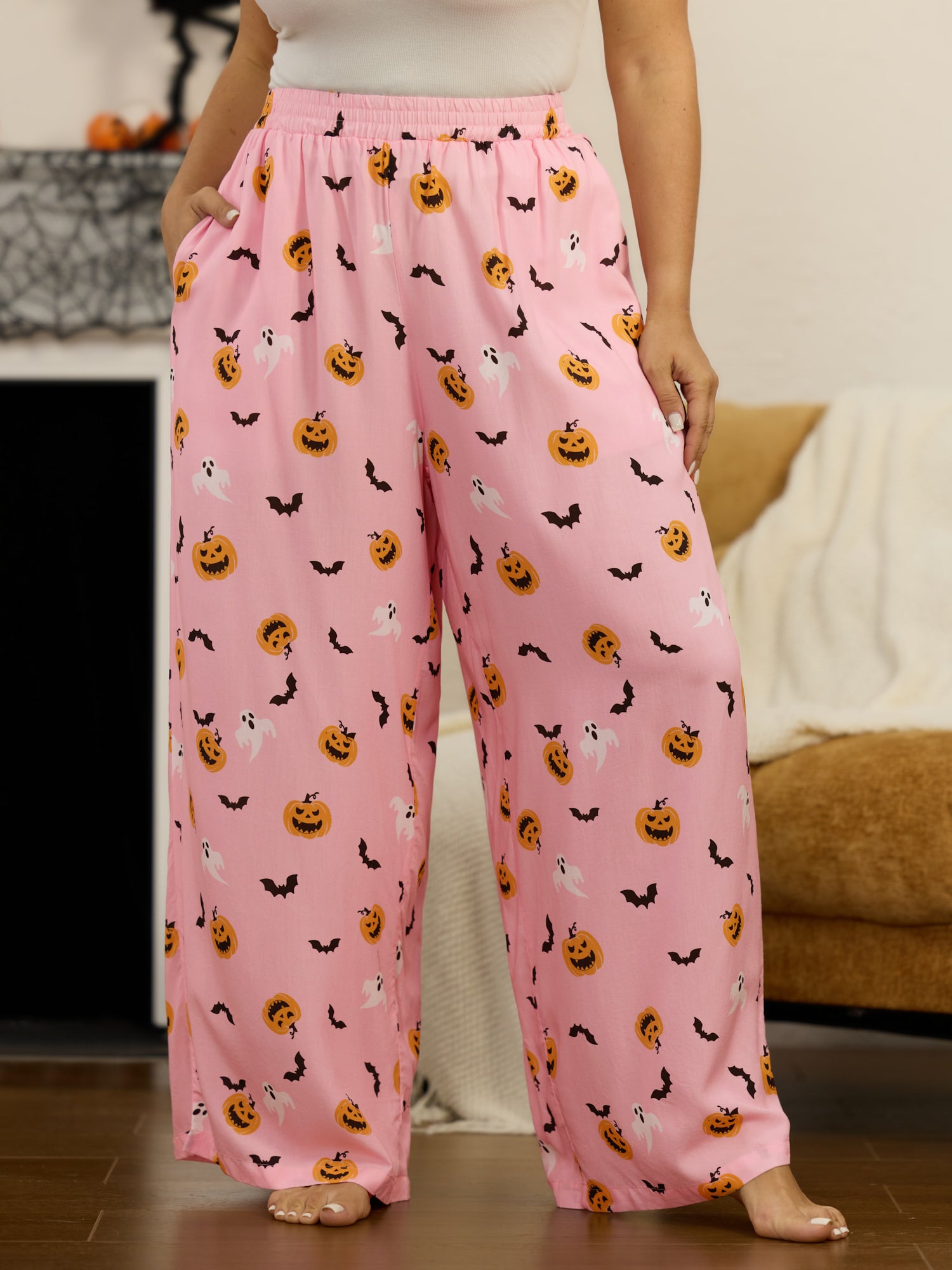 Cotton Ghost Pumpkin Bat Print Lounge Bottoms
