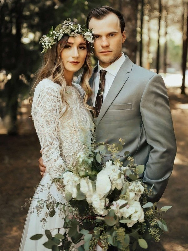 Sexy A-Line Crew Neck Long Sleeves Lace Tulle Sweep Train Wedding Dresses