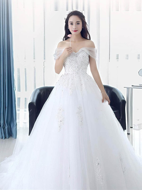 Glamorou V-Neck Off-The-Shoulder Tulle Sequined Ball Gown Wedding Dresses with Court Train