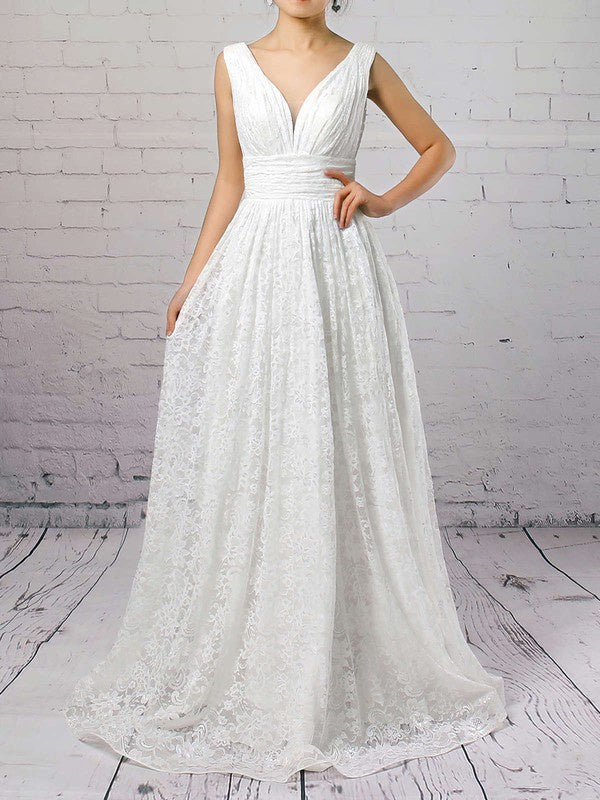 Stylish A-Line V-Neck Sleeveless Lace Floor-Length Wedding Dresses with Ruffles