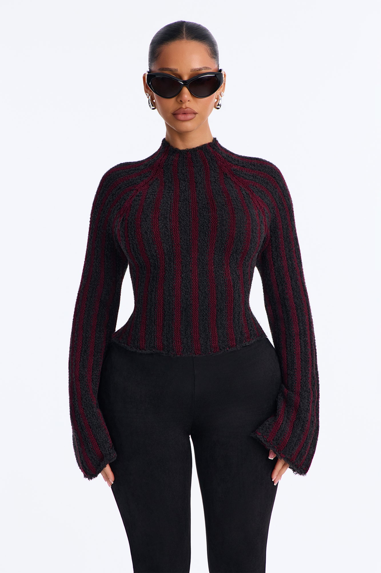 Rina Striped Mock Neck Pullover Sweater - Burgundy/combo
