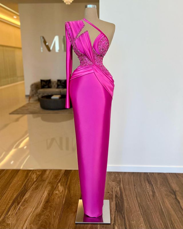 Noble Fuchsia One Shoulder Long Sleeve Mermaid Evening Dress With Beads