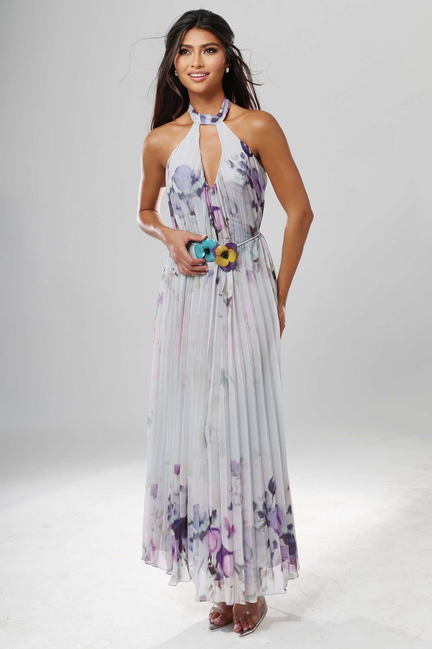 Jovani 55317 Floral Chiffon Pleated Halter Long Dress