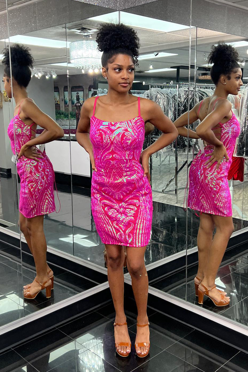 Sparkly Fuchsia Sequins Spaghetti Straps Tight Short Homecoming Dress/Mini Dress