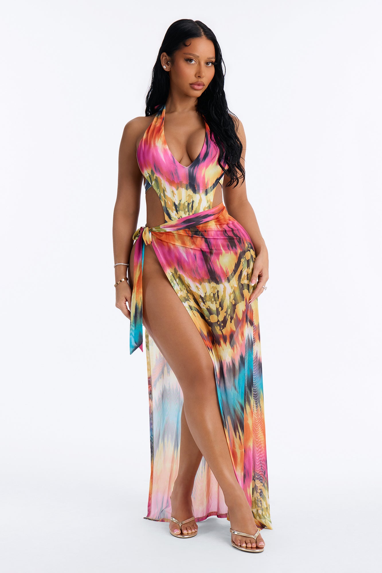 Shoreline Glow Abstract Halter Swimsuit & Cover Up Sunsuit - Multi Color