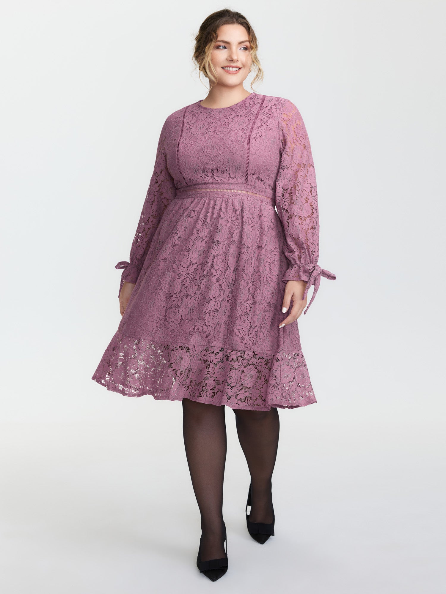 Lace Stretchy Waist Pockets Midi Dress