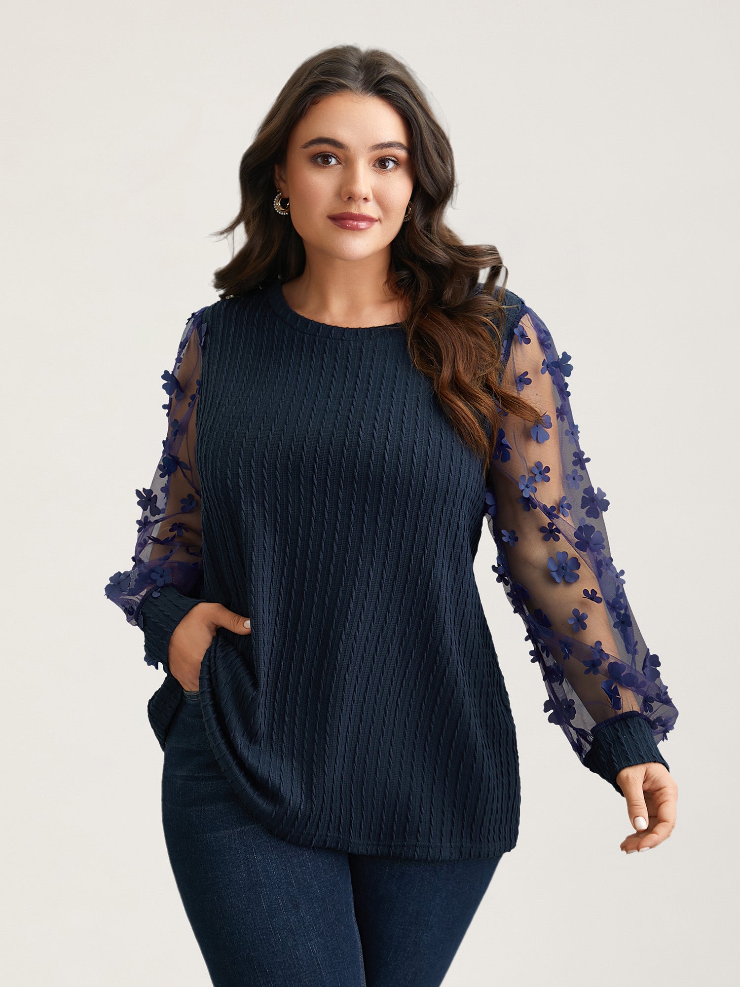 Sheer Sleeve Textured Patchwork Round Neck T-Shirt
