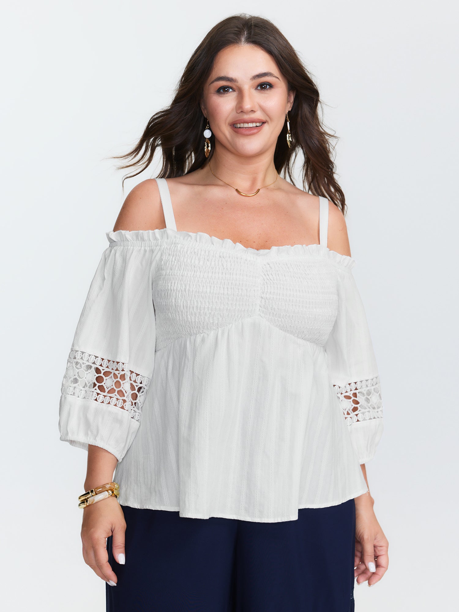 Cotton Off-Shoulder Lace Trim Sleeve Blouse