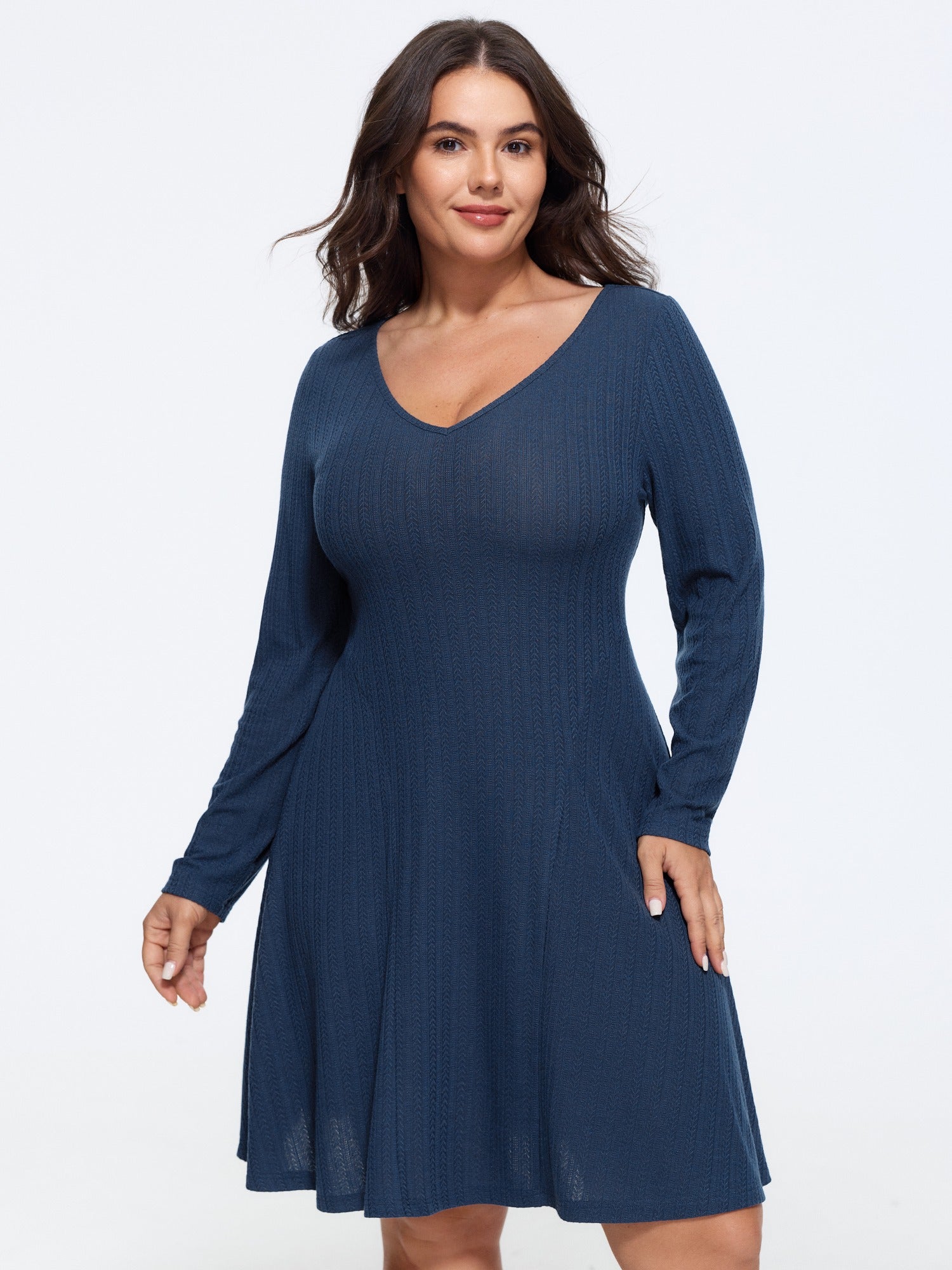 Textured V‑Neck Long Sleeve Ribbed Mini Dress