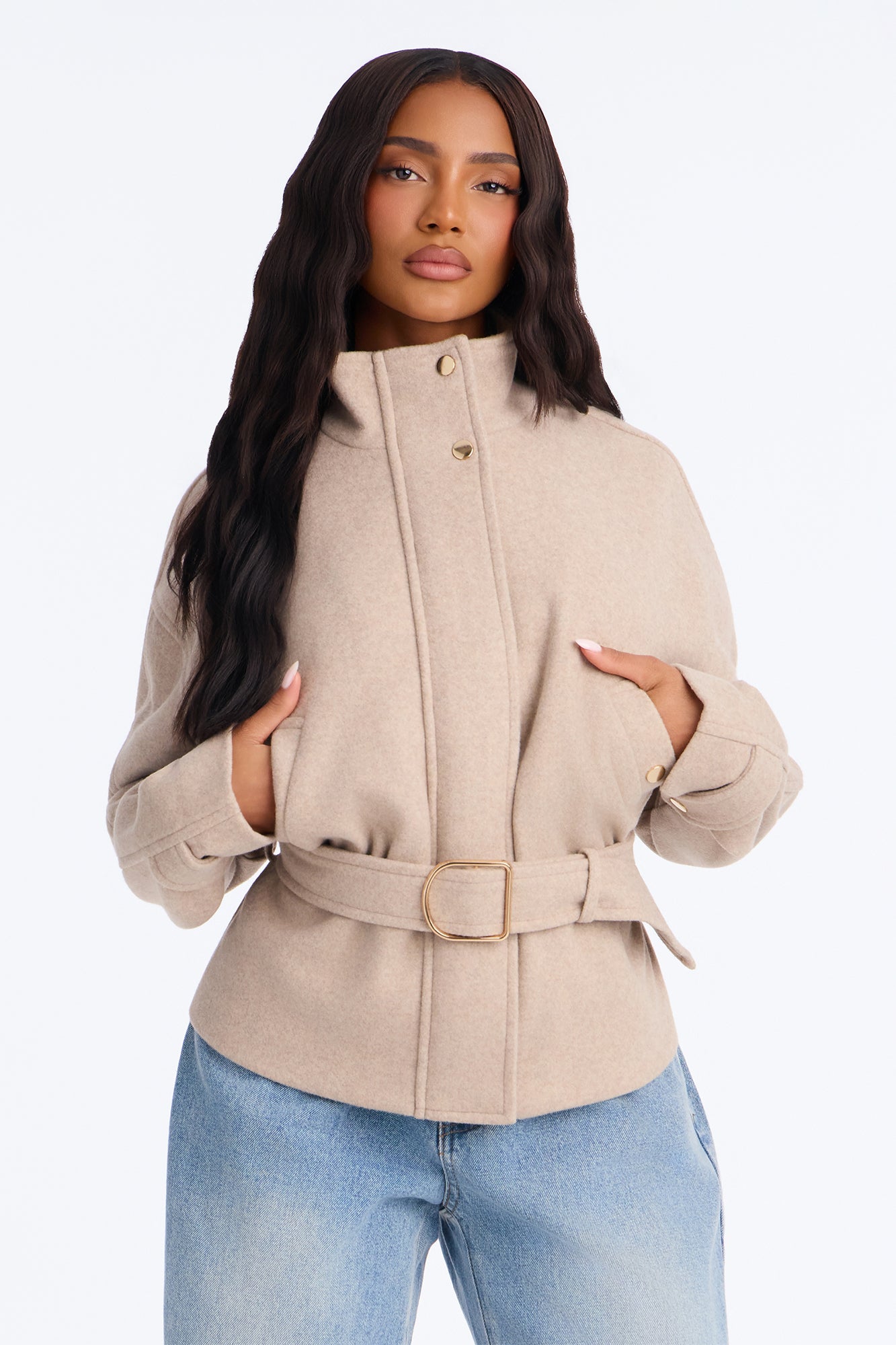 Playing It Cool Funnel Neck Belted Coat - Oatmeal