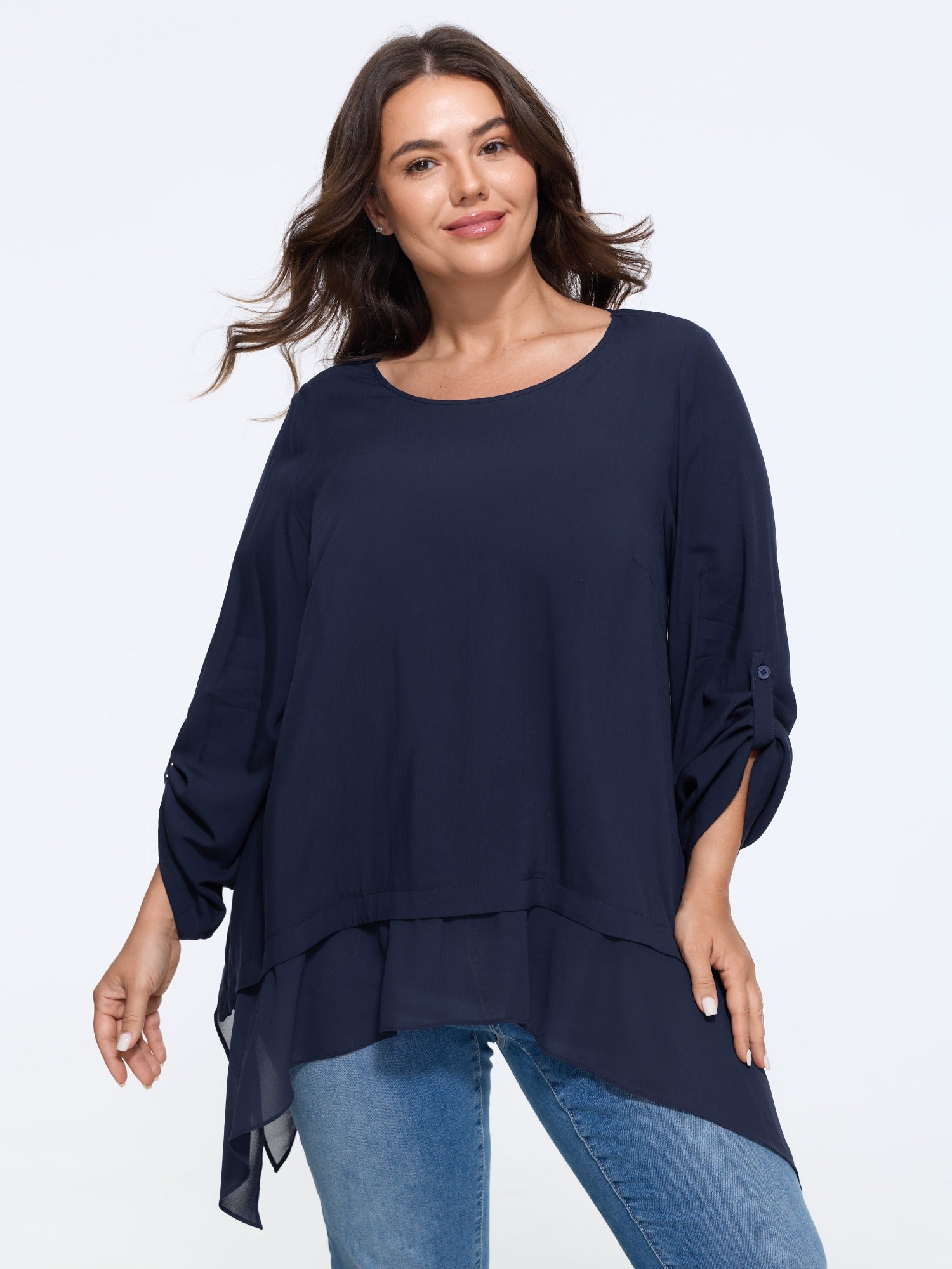Roll‑Tab Sleeve Layered Asymmetrical Hem Blouse
