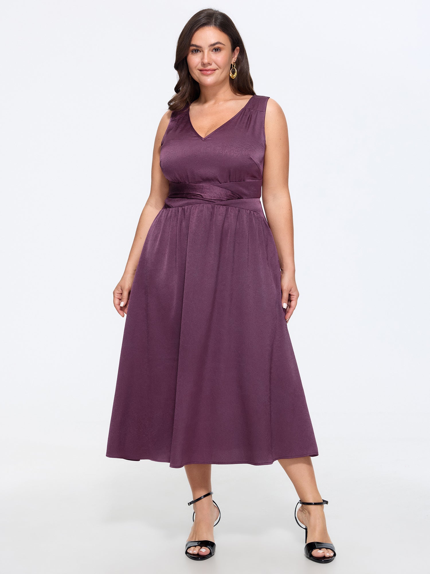 Satin Twist Waist Shirred Sleeveless Midi Dress