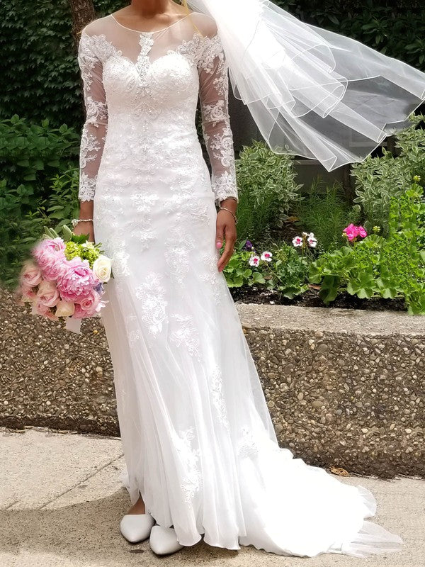 Fabulous Sheath Long Sleeves Lace Tulle Wedding Dresses with Sweep Train