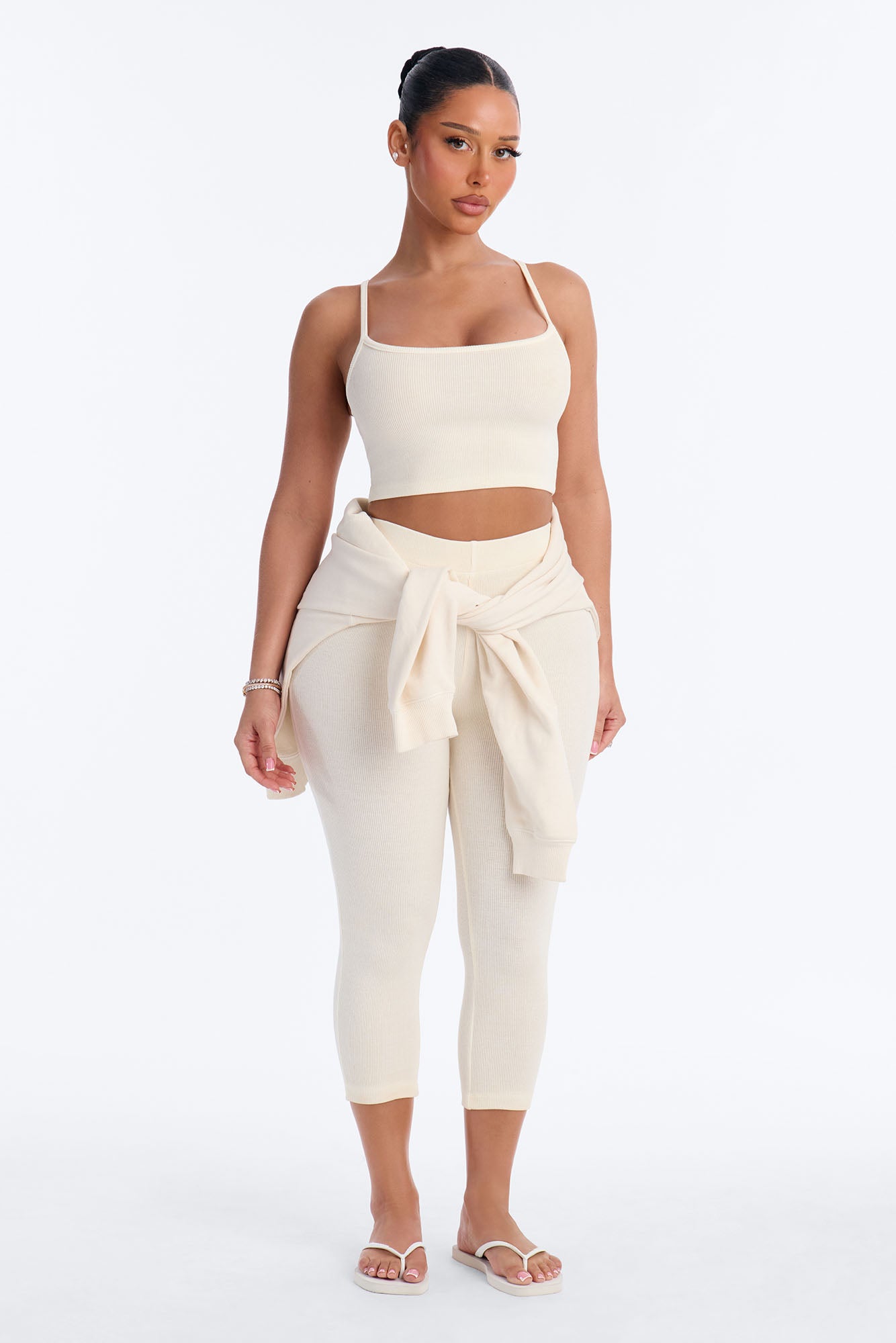 Tony Washed Ribbed Crop Top Capri Set - Washed Cream