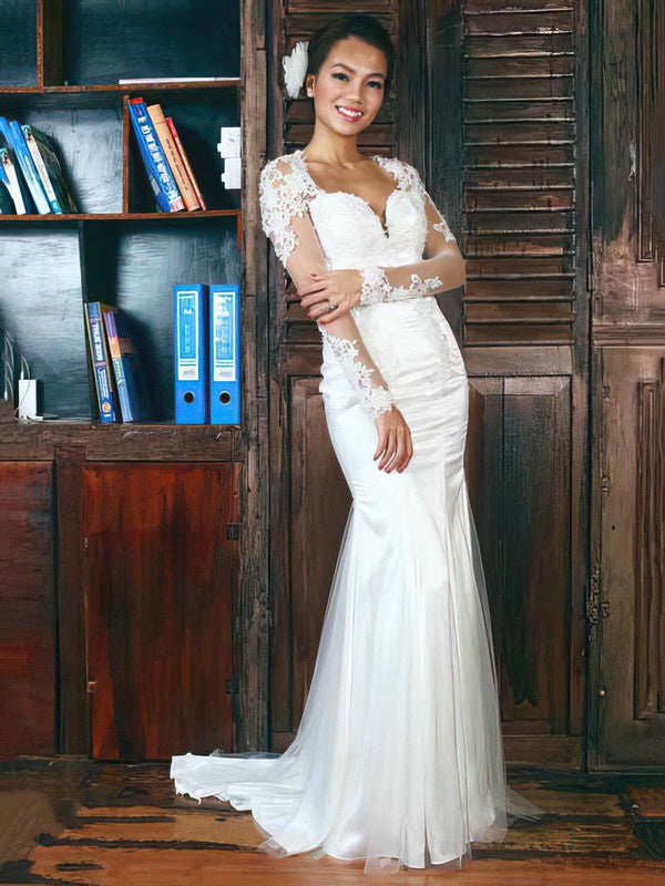 Stunning Trumpet V-Neck Long Sleeves Tulle Satin Lace Wedding Dresses