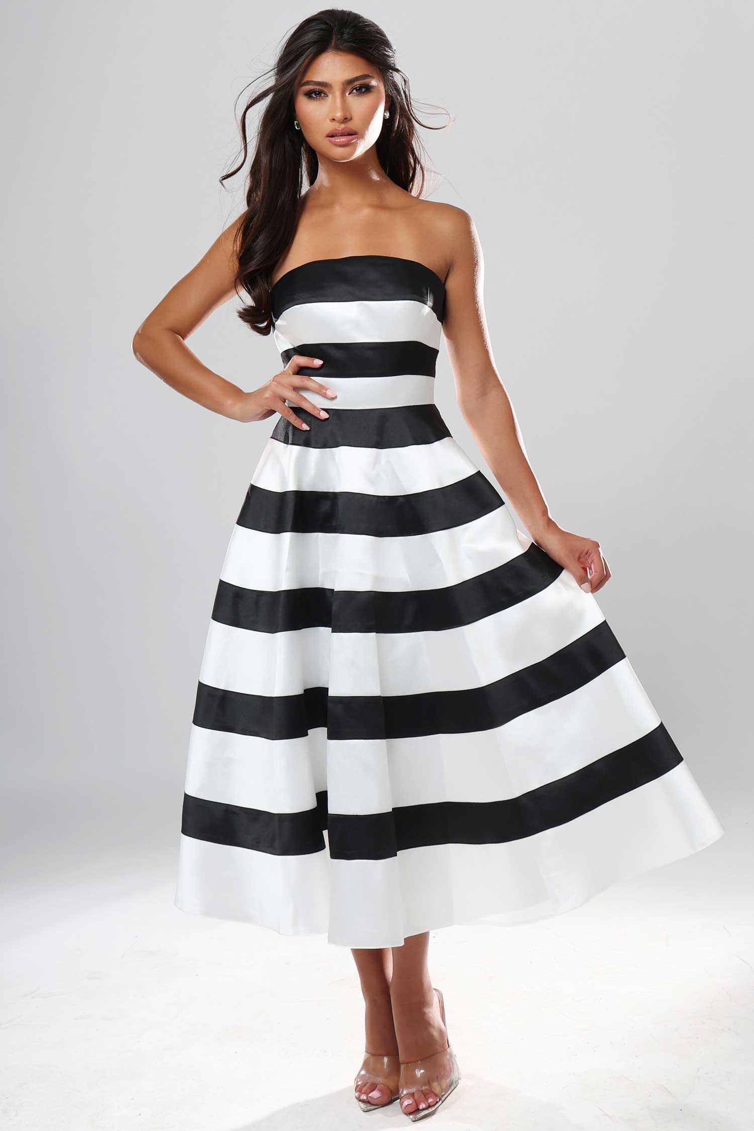 Jovani 53462 Striped Strapless Tea-Length Dress