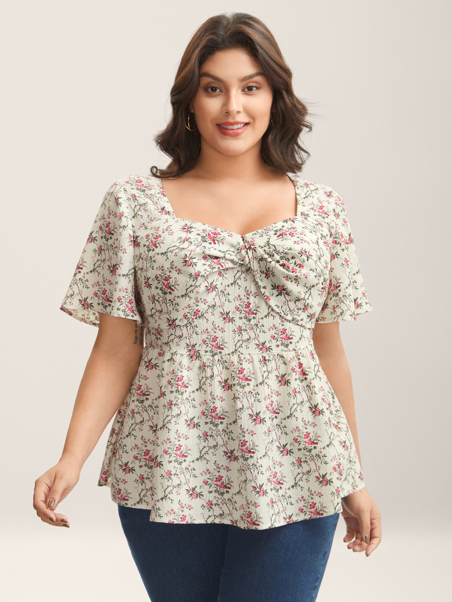 Knotted Floral Print Flared Sleeve Blouse