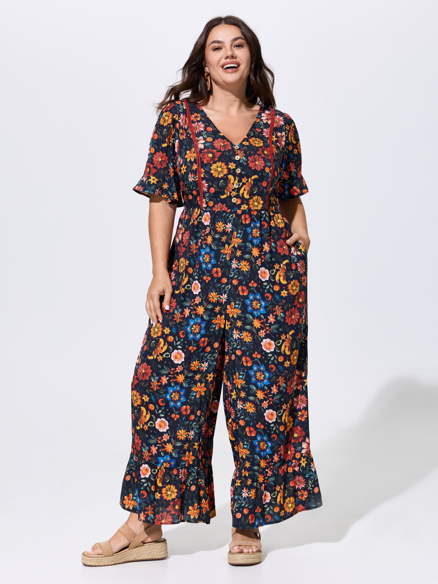 Floral Ruffle V Neck Wide Leg Jumpsuit