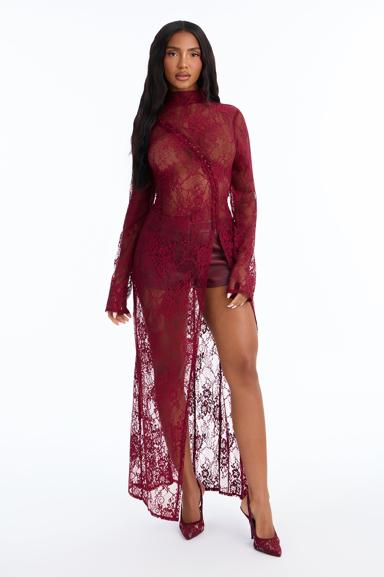 Tonight's Obsession Long Sleeve Lace Top - Burgundy