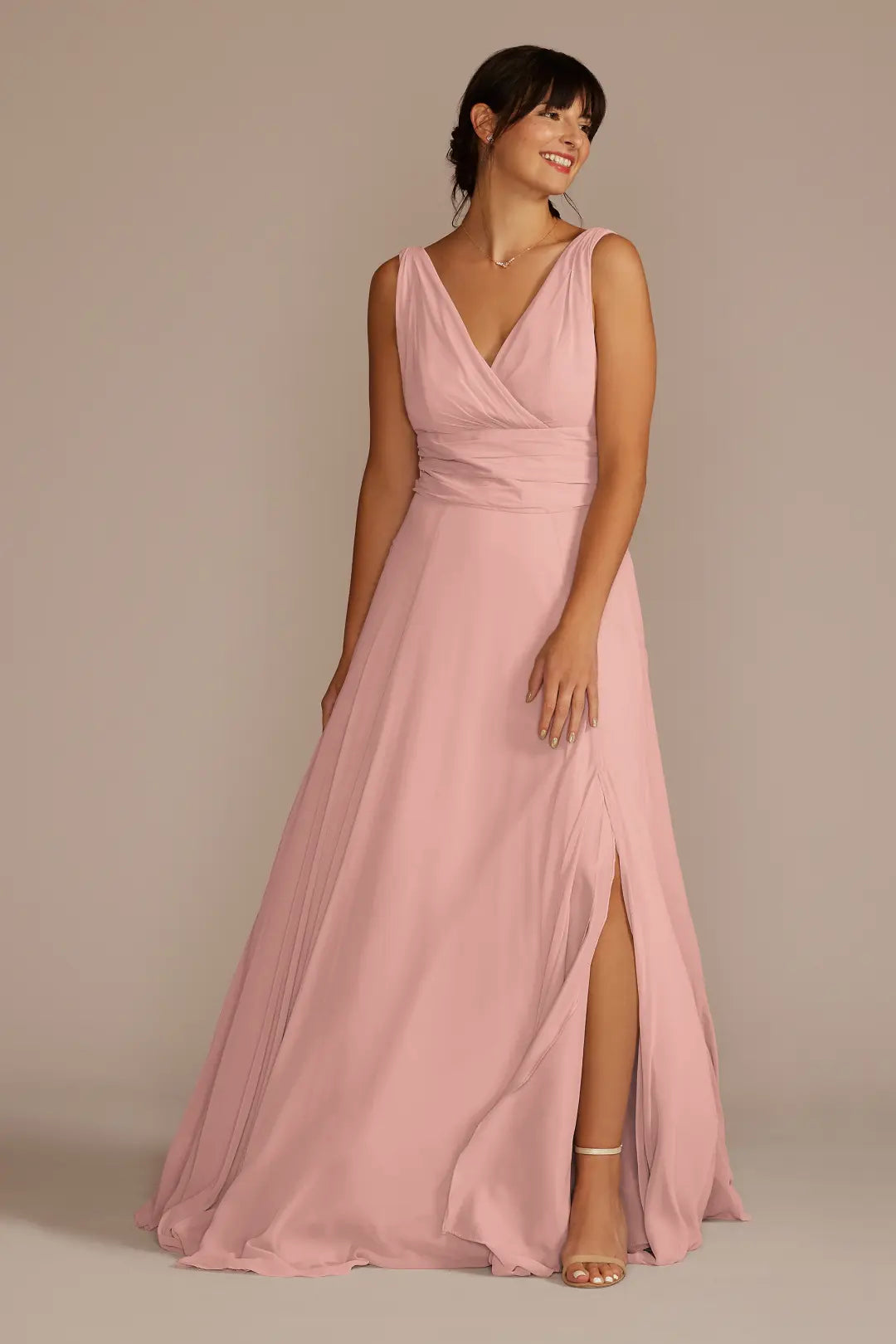Long Chiffon Surplice Tank Bridesmaid Dress