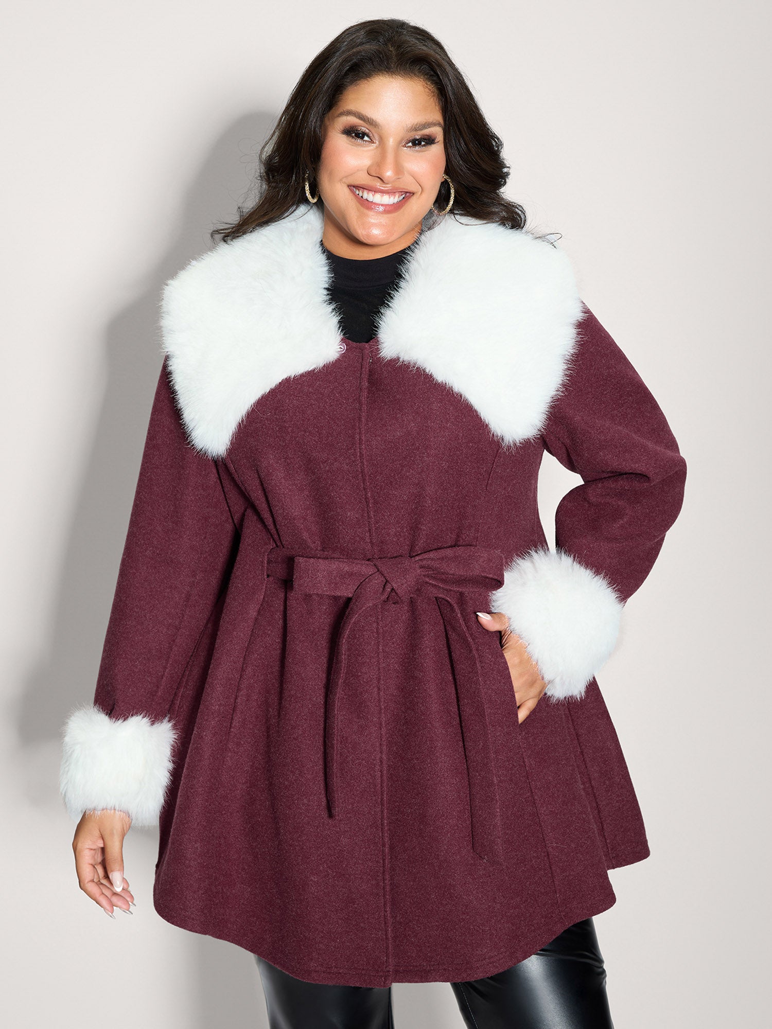 Detachable Fur Collar Waist-Tie Coat