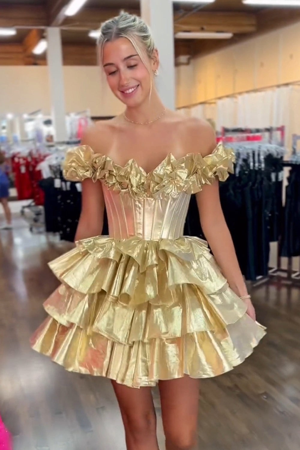 Golden Off The Shoulder Corset Short Homecoming Dress/Mini Dress With Ruffles