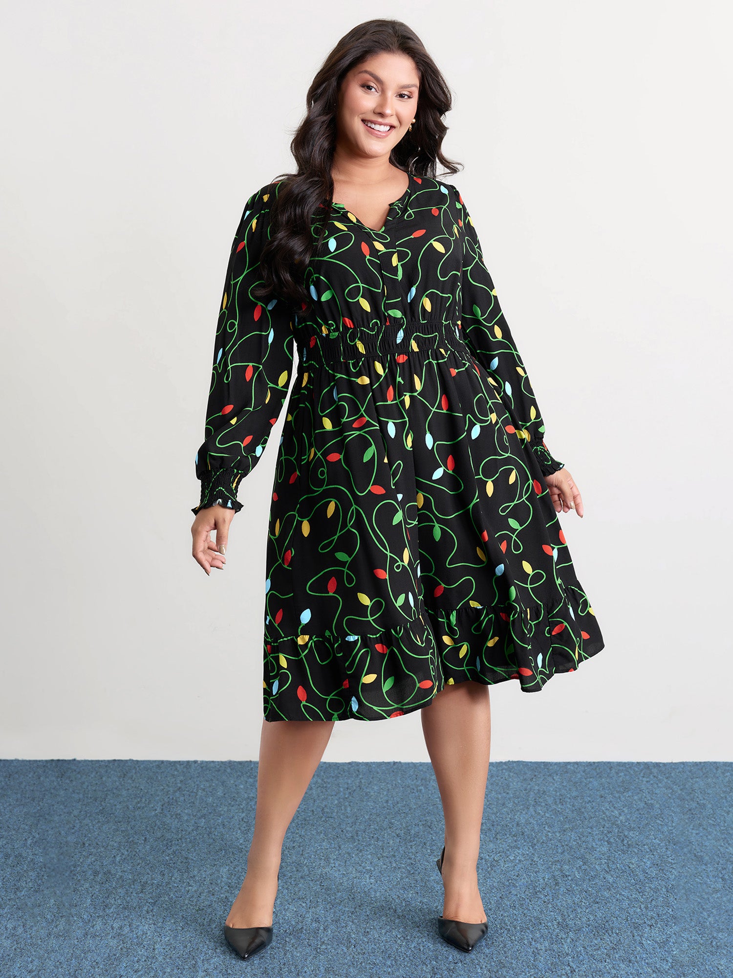 Holiday Lights Triple Elastic Waistband Midi Dress