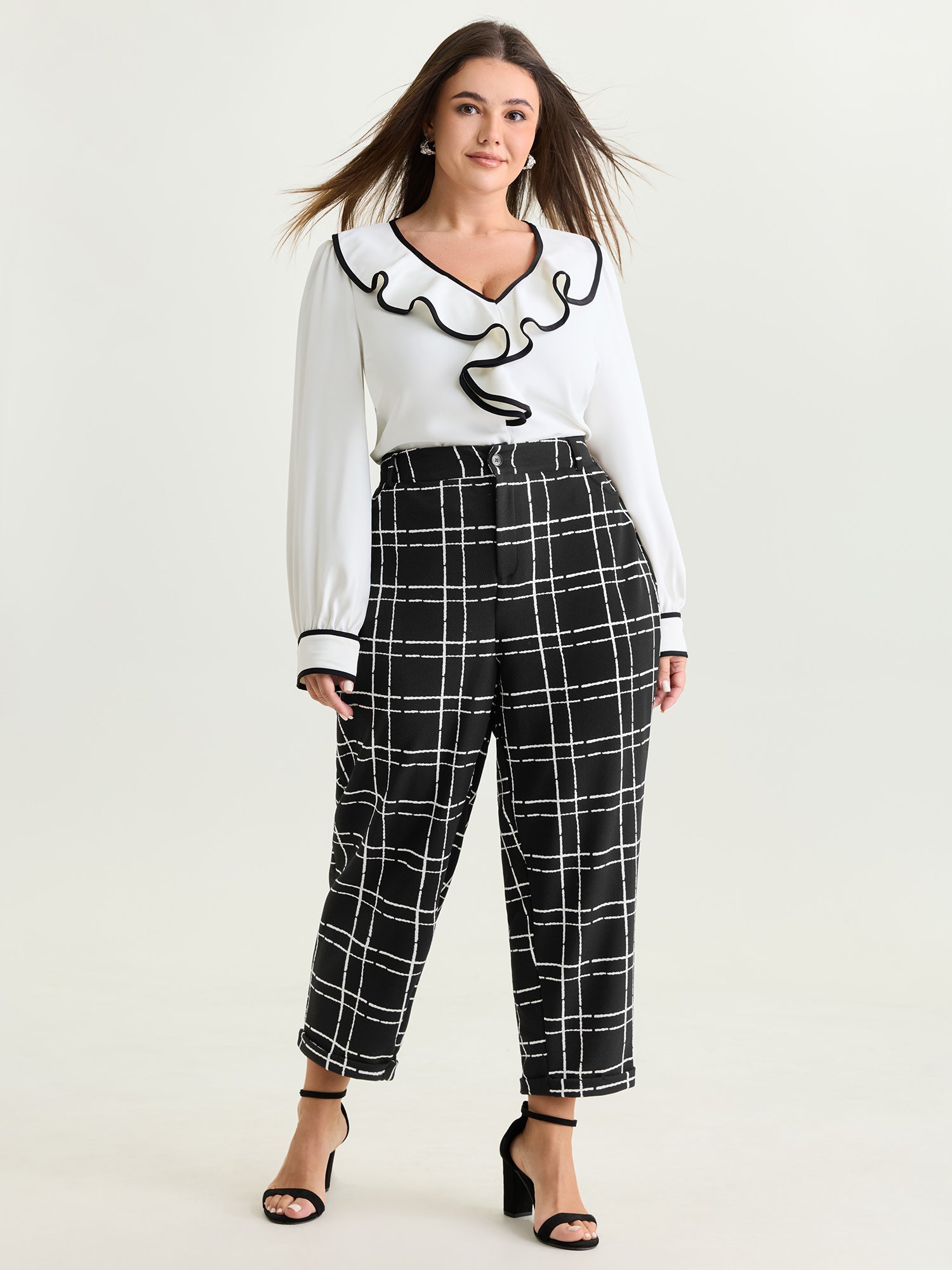 Stretchy Check Print Button Pants