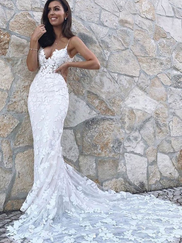 Elegant V-Neck Sleeveless Mermaid Lace Wedding Dresses with Appliques