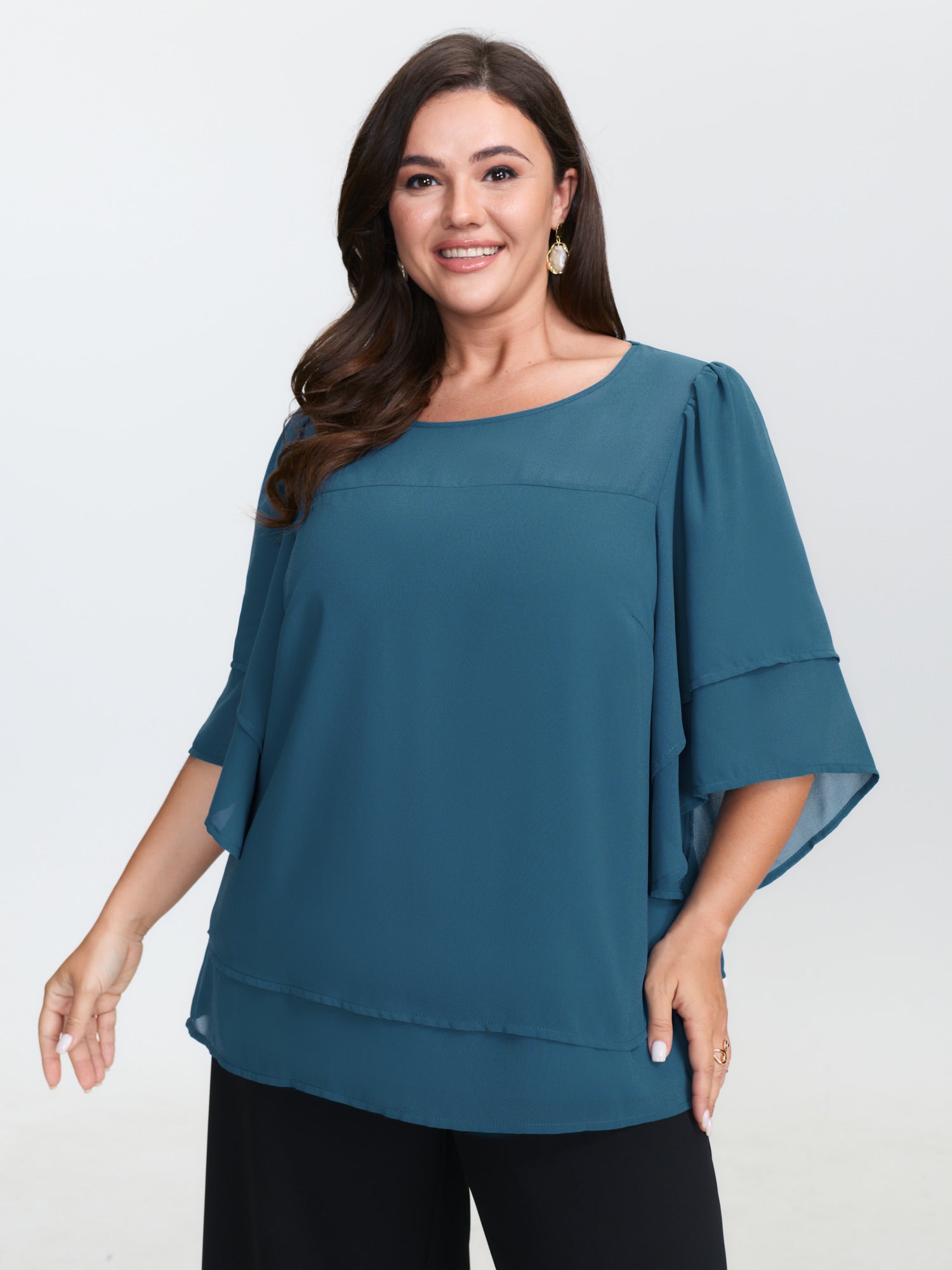 Chiffon Layered Ruffled Sleeve Flowy Blouse