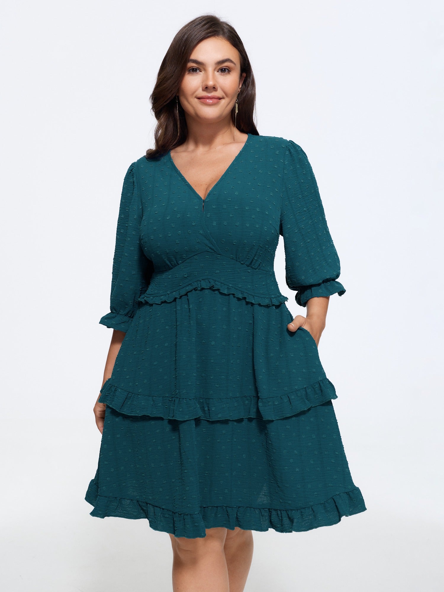 Textured V Neck Ruffle Sleeve Tiered Mini Dress