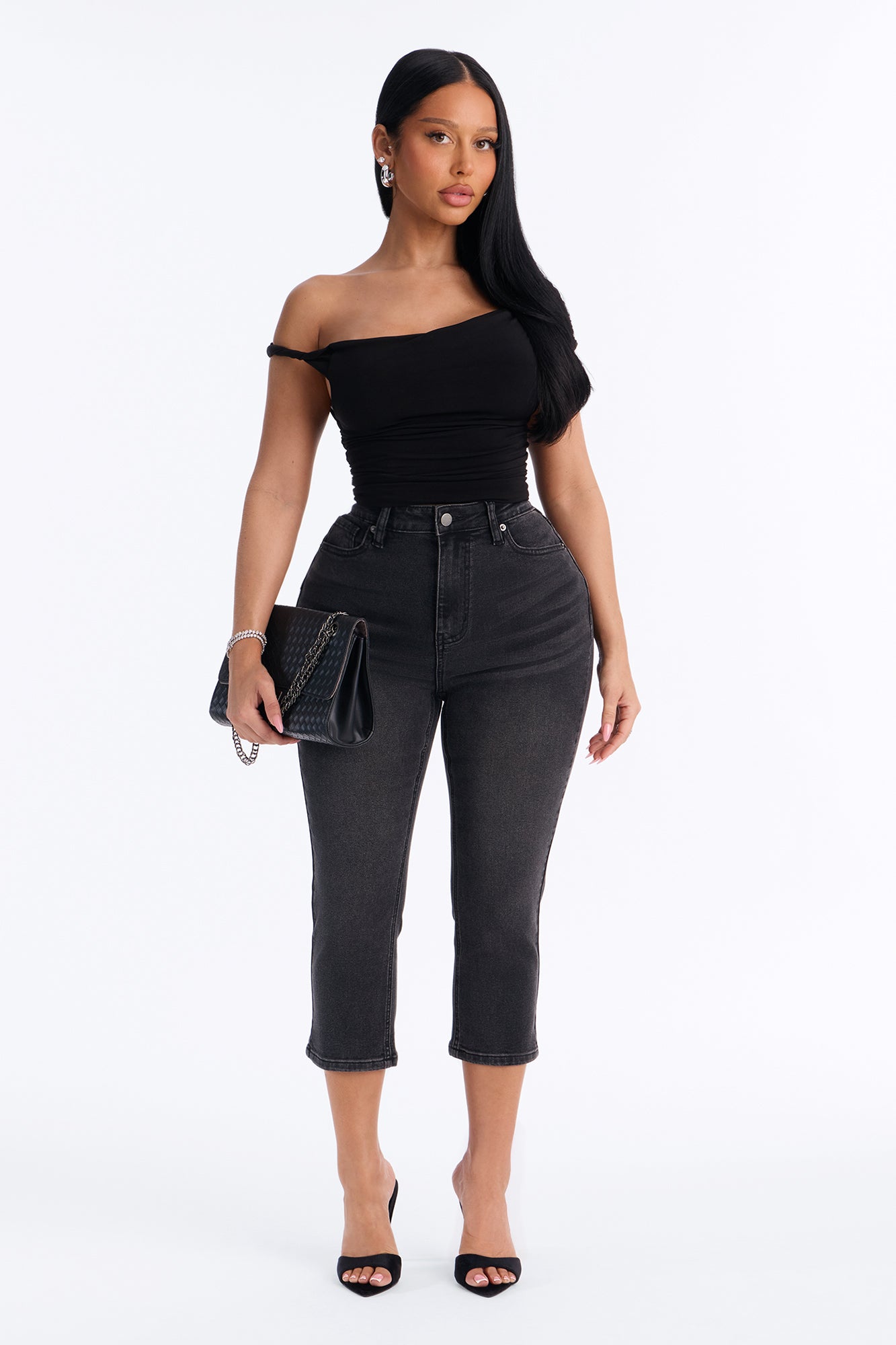 Classic Curvy High Rise Stretch Capri Skinny Jeans - Black Wash