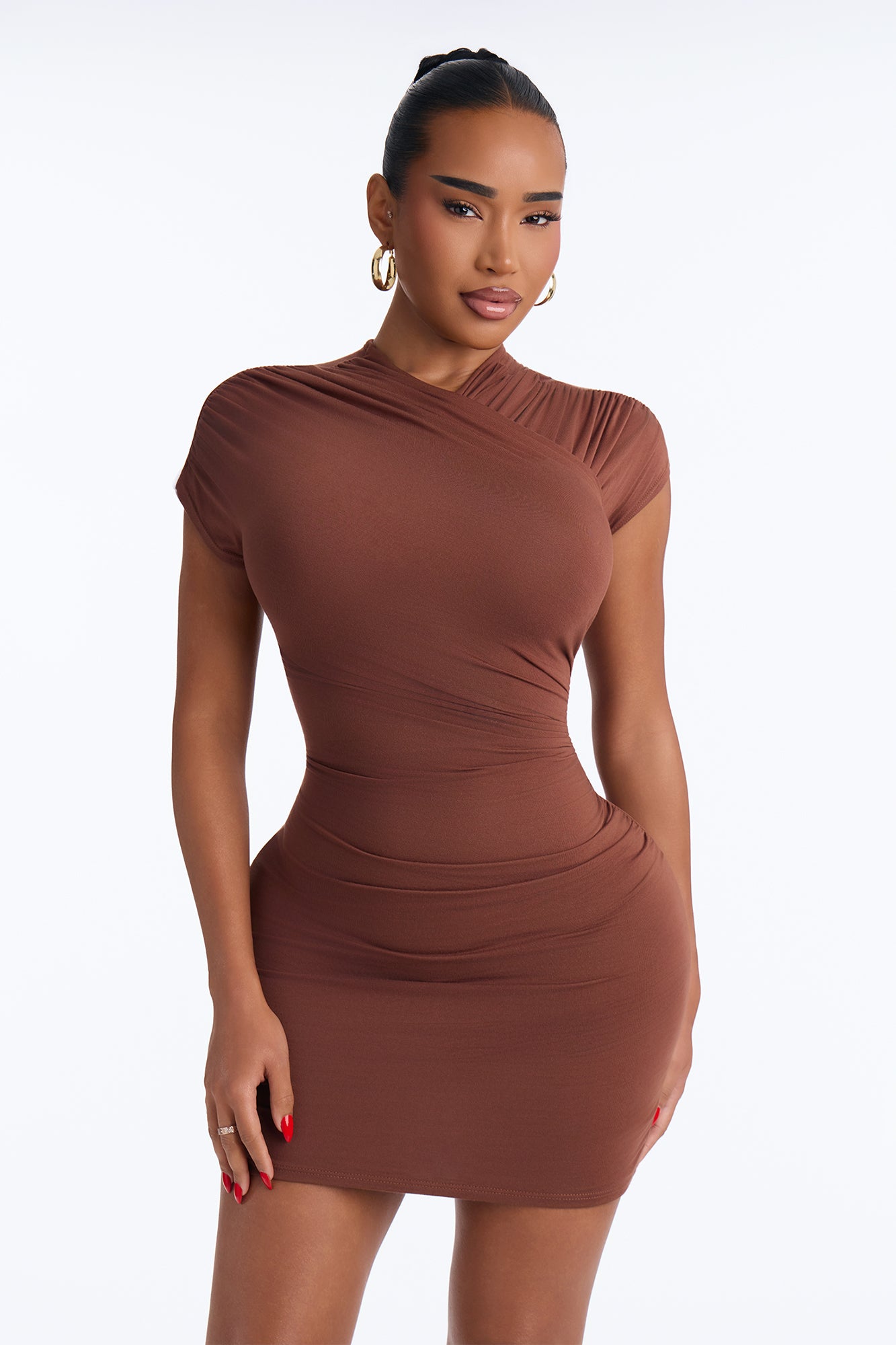 Right Across My Heart Ruched Criss Cross Mini Dress - Chocolate