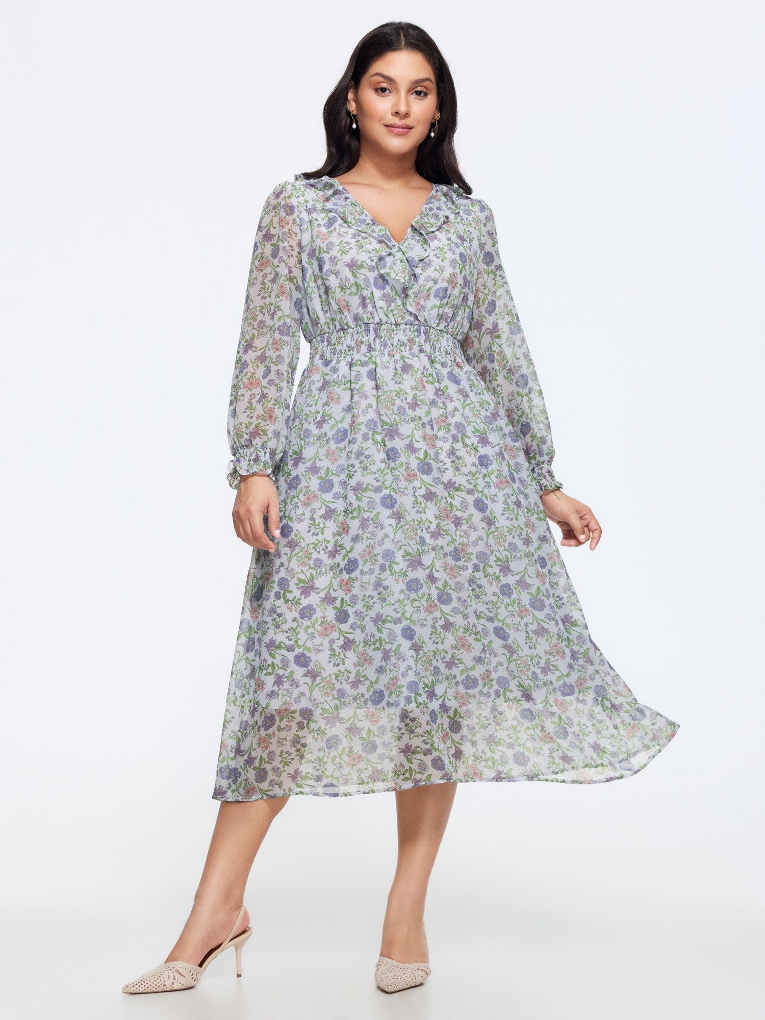 Floral Print Shirred Waist Ruffle Chiffon Midi Dress