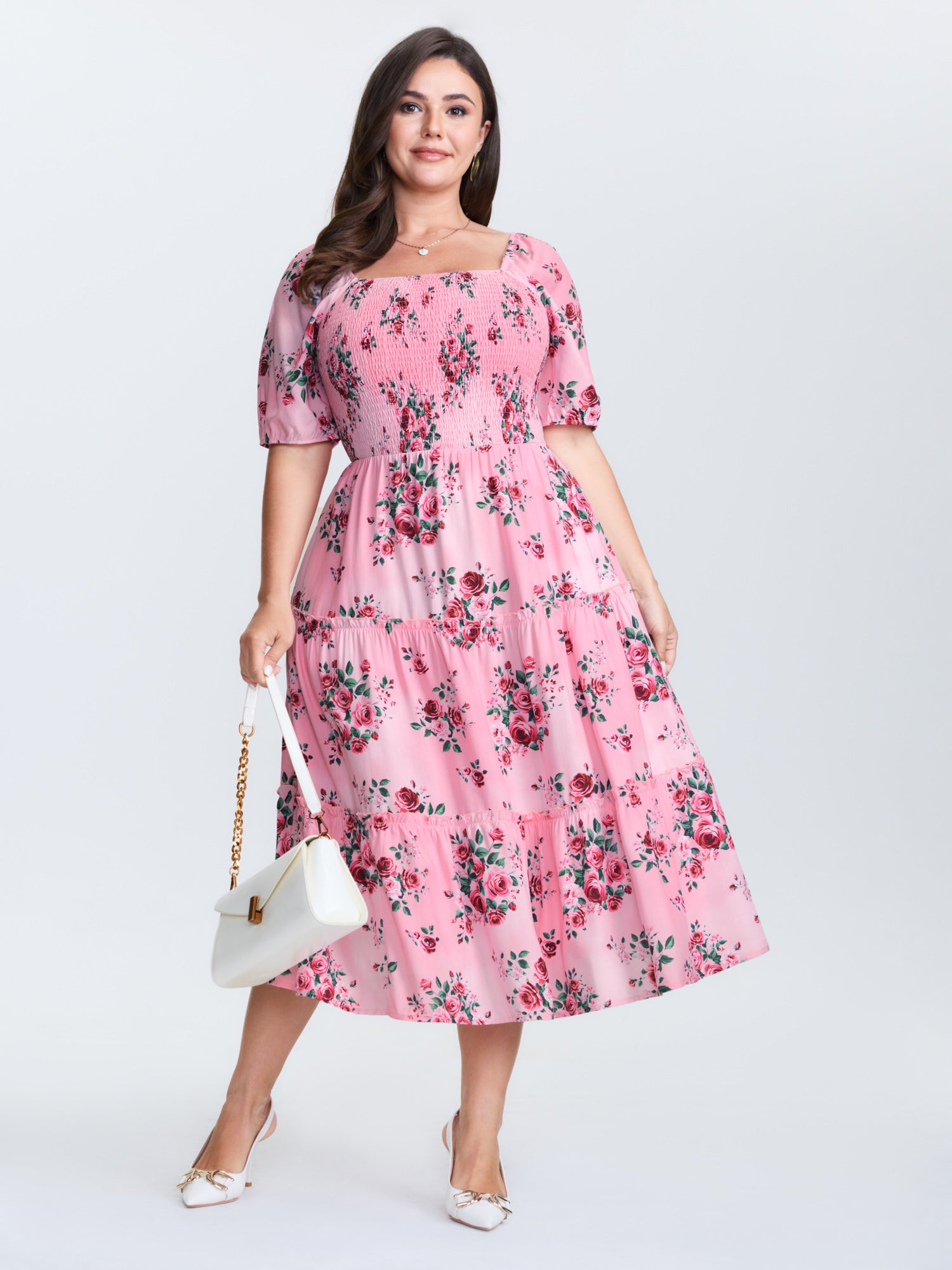 Rose Print Stretchy Waist Shirred Midi Dress