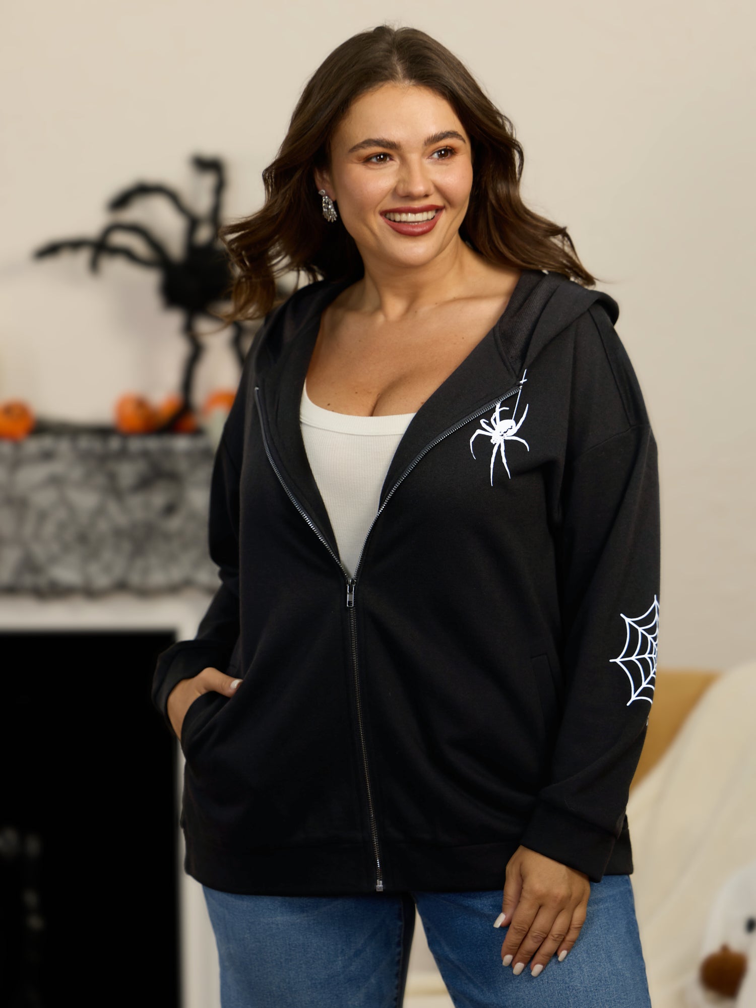Hanging Spider Graphic Relaxed Fit Zipper Hoodie