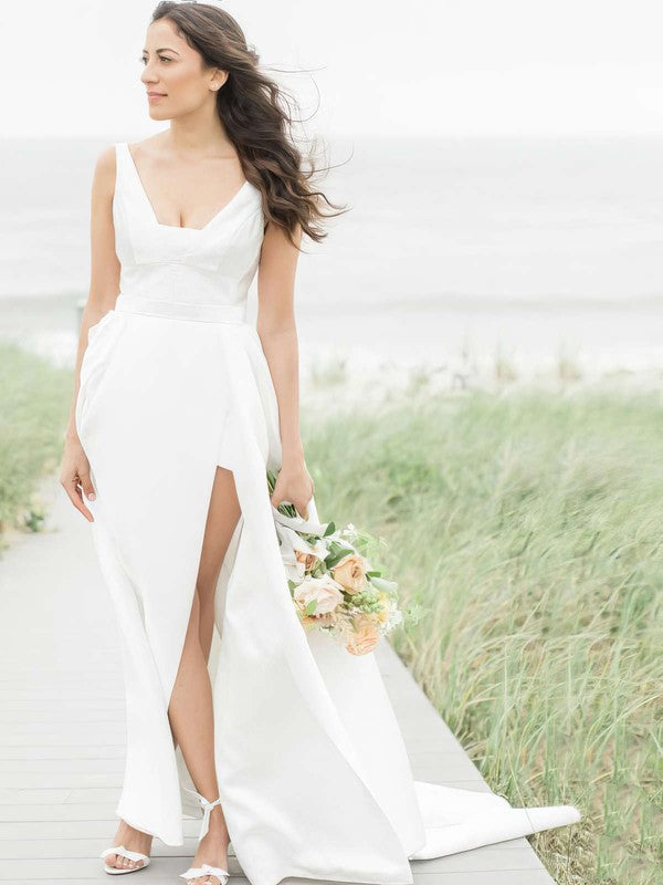Elegant A-Line Sleeveless Satin Backless Split Front Wedding Dresses with Sweep Train